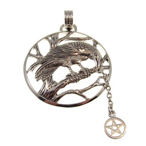 Solid 925 Sterling Silver Raven Macha Celtic Goddess of War Pendant with Pentacle, Wiccan Protection Amulet