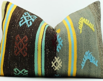 Kilim Cuscino lombare 24 x 16 in grande rettangolo di lana naturale Fodera per cuscino, Cuscino astratto turco turco, Cuscino boho persiano