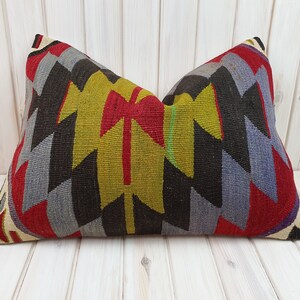 Kilim Lumbar Pillow 24 x 16 in Large Rectangle Natural Wool Cushion Cover, Abstract Ethnic Turkish Rug Pillow, Boho Persian Rug Throw Pillow