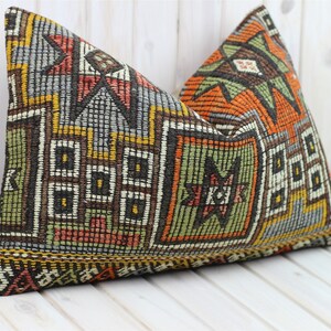 Kilim Lumbar Pillow 24 x 16 in Large Rectangle Natural Wool Cushion Cover, Abstract Ethnic Turkish Rug Pillow, Boho Persian Rug Throw Pillow