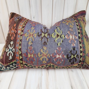 Kilim Lumbar Pillow Cover: 100% Wool Turkish Rug, 24 x 16 in