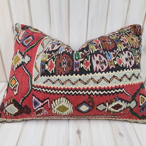 Kilim Lumbar Pillow Cover: 24x16 Large Turkish Wool Rug, Boho Ethnic Cushion