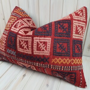Kilim Lumbar Pillow Cover: 100% Wool Turkish Rug, 24x16 Boho Cushion