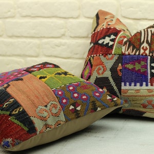 Set of 2 Kilim Pillow Covers: Vintage Turkish Wool, 16x16