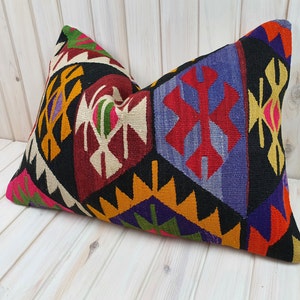 Kilim Lumbar Pillow 24 x 16 in Large Rectangle Natural Wool Cushion Cover, Abstract Ethnic Turkish Rug Pillow, Boho Persian Rug Throw Pillow