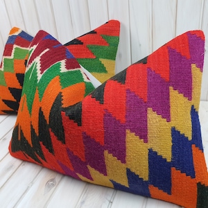 Set of 2 Kilim Lumbar Pillow Covers 24x16: Vintage Wool Boho Decor