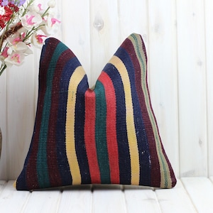 Funda de almohada Kilim roja y azul, funda de almohada Kilim bohemia persa marroquí turca, almohada Kilim natural, cojín Kilim, 16 x 16 pulgadas
