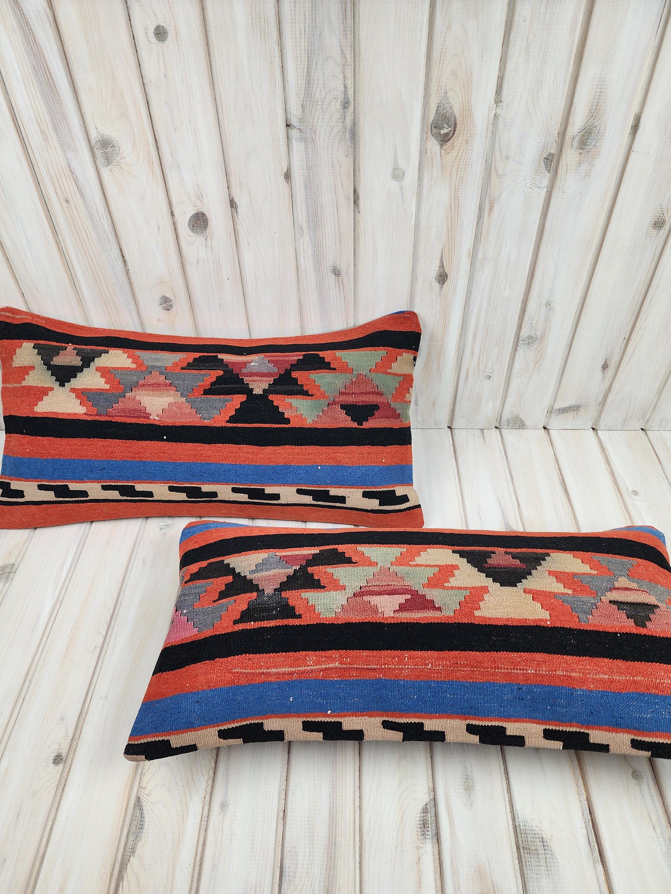 キリムランバーピローカバー2枚セット：ボヘミアンウールアクセント