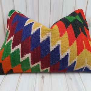 Handmade Kilim Lumbar Pillow Cover: 24x16 Large Turkish Wool Cushion