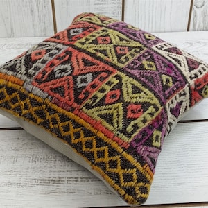 Vintage Kilim Pillow Cover: Turkish Wool Cushion, Bohemian Decor (16x16 inch)