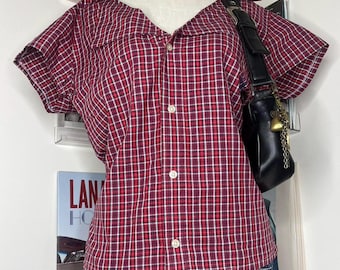 vintage handmade reworked red plaid check collar shirt with neck tie