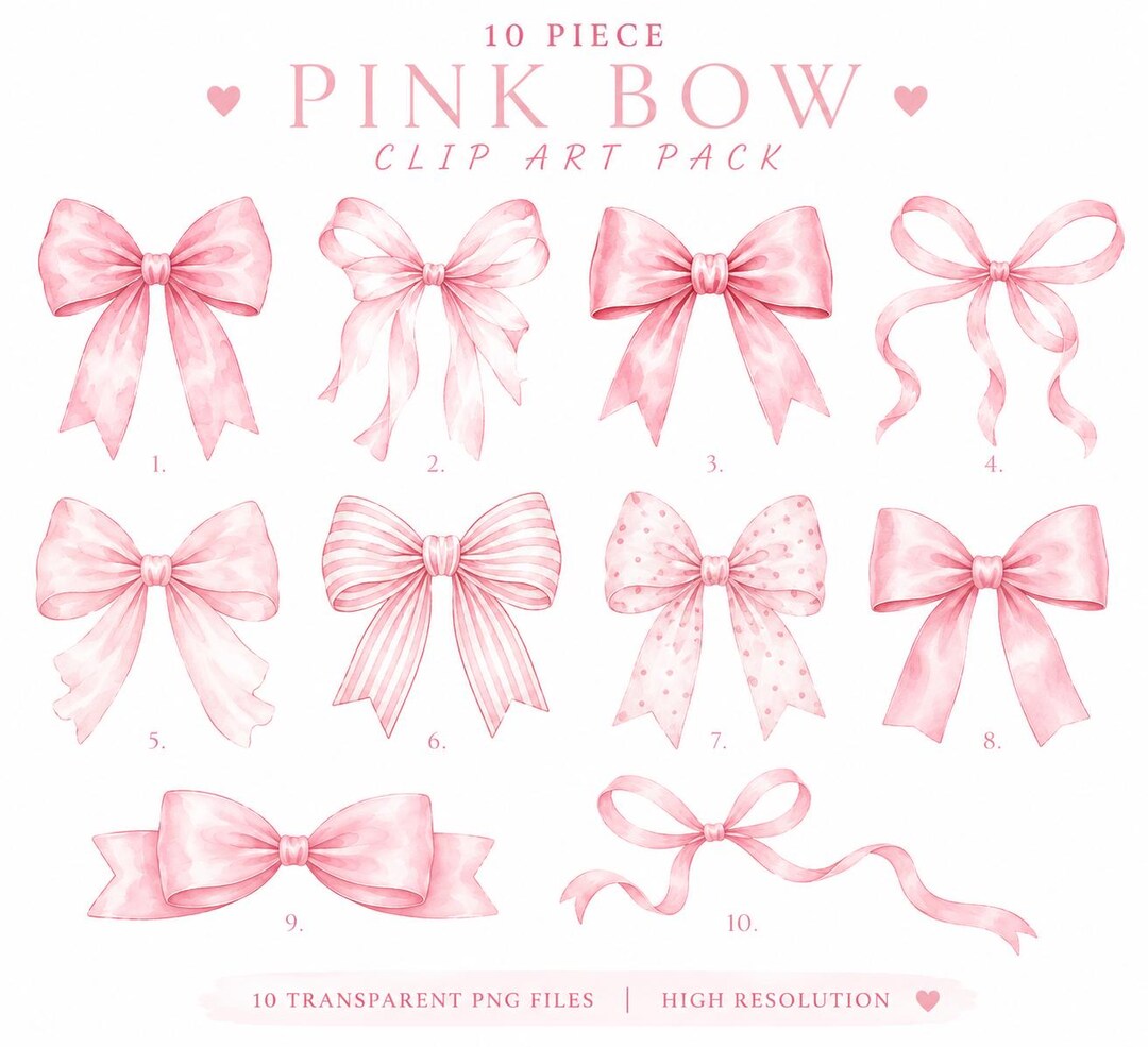 Pink Watercolor Bow Clipart Bundle | Coquette PNG Files (digital ...