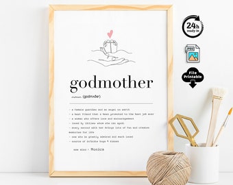 May include: Printable art print featuring a minimalist line drawing of a hand holding a gift with a heart on top. The text "godmother" is in bold black font with a definition below. The definition includes the words "female guardian", "best friend", "love and encouragement", "source of infinite hugs and kisses", and "memories for life".