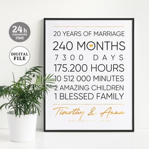 Presente de 20º aniversário para marido e mulher | Presente personalizado para impressão | Presente de aniversário de 20 anos para ela | Dias Horas Minutos Segundos