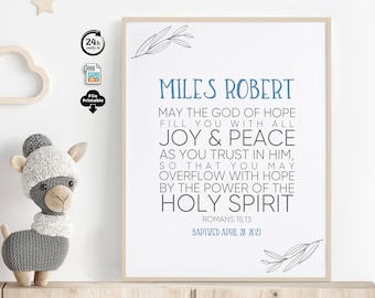 Regalo de dedicación de bebé para niño, impresión personalizada de versículo bíblico con nombre de bebé, regalo de bautismo para niño, regalo de cumpleaños personalizado para bebé