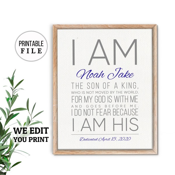 Godson Baptism Gift, Son of the King, Godchild Gift, Baby Dedication Boy, I am His Baptism Print, Christian Art PRINTABLE, Baptism Gift Boy