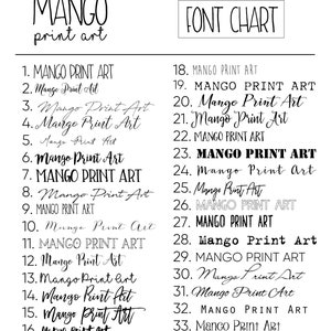 May include: A font chart showing 34 different variations of the text "MANGO PRINT ART" in various fonts and styles.