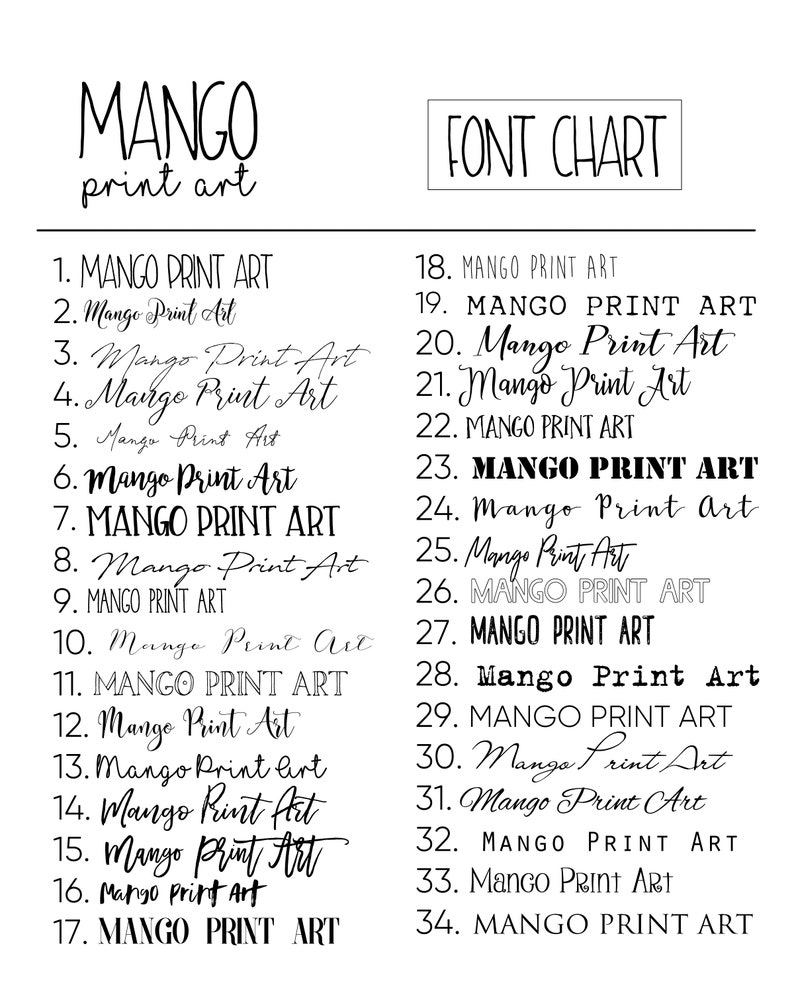May include: A font chart showing 34 different variations of the text "MANGO PRINT ART" in various fonts and styles.