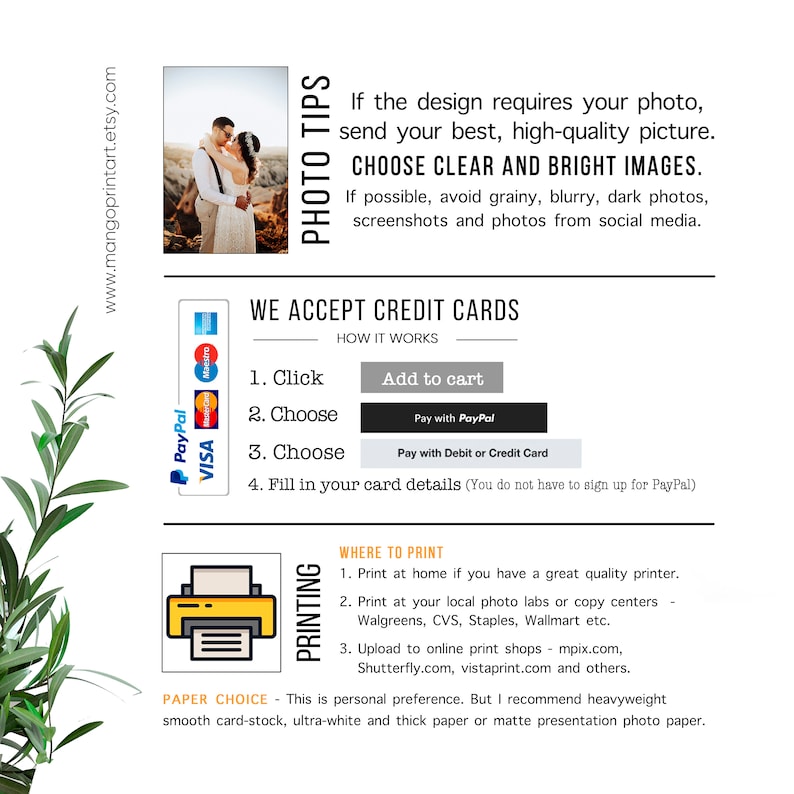 Puede incluir: Un gr&aacute;fico con consejos para enviar fotos de alta calidad para imprimir. El gr&aacute;fico incluye una pareja en una foto, una lista de m&eacute;todos de pago y una lista de opciones de impresi&oacute;n. El texto dice "PHOTO TIPS", "CHOOSE CLEAR AND BRIGHT IMAGES", "WE ACCEPT CREDIT CARDS", "HOW IT WORKS", "Add to cart", "Pay with PayPal", "Pay with Debit or Credit Card", "Fill in your card details", "PRINTING", "WHERE TO PRINT", "Print at home", "Print at your local photo labs", "Upload to online print shops", "PAPER CHOICE", "This is personal preference. But I recommend heavyweight smooth card-stock, ultra-white and thick paper or matte presentation photo paper."