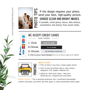 May include: A graphic with tips for sending high-quality photos for printing. The graphic includes a couple in a photo, a list of payment methods, and a list of printing options. The text reads "PHOTO TIPS", "CHOOSE CLEAR AND BRIGHT IMAGES", "WE ACCEPT CREDIT CARDS", "HOW IT WORKS", "Add to cart", "Pay with PayPal", "Pay with Debit or Credit Card", "Fill in your card details", "PRINTING", "WHERE TO PRINT", "Print at home", "Print at your local photo labs", "Upload to online print shops", "PAPER CHOICE", "This is personal preference. But I recommend heavyweight smooth card-stock, ultra-white and thick paper or matte presentation photo paper."