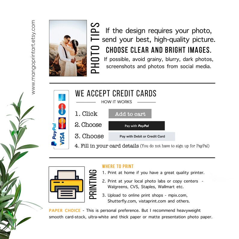 May include: A graphic with tips for sending high-quality photos for printing. The graphic includes a couple in a photo, a list of payment methods, and a list of printing options. The text reads "PHOTO TIPS", "CHOOSE CLEAR AND BRIGHT IMAGES", "WE ACCEPT CREDIT CARDS", "HOW IT WORKS", "Add to cart", "Pay with PayPal", "Pay with Debit or Credit Card", "Fill in your card details", "PRINTING", "WHERE TO PRINT", "Print at home", "Print at your local photo labs", "Upload to online print shops", "PAPER CHOICE", "This is personal preference. But I recommend heavyweight smooth card-stock, ultra-white and thick paper or matte presentation photo paper."