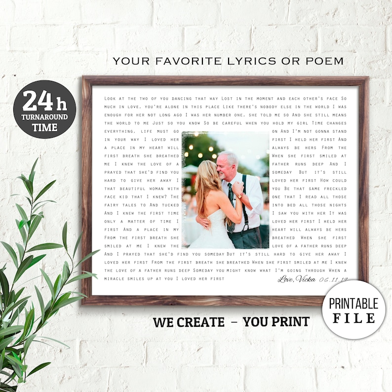 Father of the bride gift, Wedding gift for Dad, First Dance Song, Custom Lyrics Photo, Father Daughter Dance, Custom Poem, DIGITAL DOWNLOAD image 1