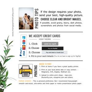 May include: A graphic with tips for sending high-quality photos for printing. The graphic includes a couple in a photo, a list of payment methods, and a list of printing options. The text reads "PHOTO TIPS", "CHOOSE CLEAR AND BRIGHT IMAGES", "WE ACCEPT CREDIT CARDS", "HOW IT WORKS", "Add to cart", "Pay with PayPal", "Pay with Debit or Credit Card", "Fill in your card details", "PRINTING", "WHERE TO PRINT", "Print at home", "Print at your local photo labs", "Upload to online print shops", "PAPER CHOICE", "This is personal preference. But I recommend heavyweight smooth card-stock, ultra-white and thick paper or matte presentation photo paper."