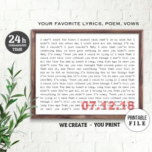 Personalised Custom Song Lyrics | First Dance Lyrics | Wedding song Lyrics | Custom Lyric Art | 7th Anniversary Gift | Favorite Song Lyrics
