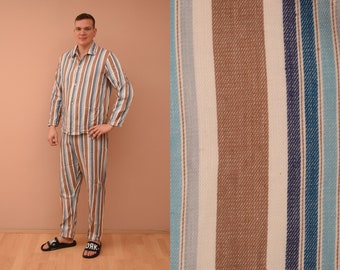 vintage Dreiklang Gestreiftes Gemustertes Pyjama Set Herren Größe UK 40 / EU 50 / M Mann Schlafanzug Shirt & Hose Herren Schlafanzug Braun