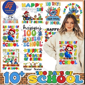 May include: A set of 10 printable designs featuring Mario and Luigi characters from the Super Mario Bros. video game series. The designs include the text "Happy 100 Days of School" and various school-themed graphics.