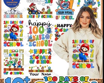 Mais de 10 designs pacote PNG de desenhos animados de 100 dias de escola, feliz 100 dias de escola, escola png, desenho de menino menina, 100 dias de escola Super mario