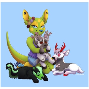 May include: A green, yellow, and pink lizard-like creature holds a plush deer with brown antlers and a pink nose. A black and white skunk plush lies on the ground next to a white deer plush with red antlers.