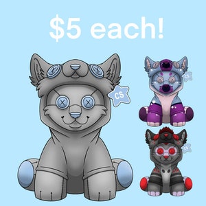 May include: Three plush toys, each with a different color scheme and design. The first is gray with blue accents, the second is pink with purple accents, and the third is black with red accents. Each toy has a button nose and eyes, and a tag that says "CS". The text "$5 each!" is at the top of the image.