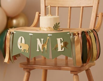Safari 1st Birthday Highchair Banner - Wild One Jungle Party Decorations