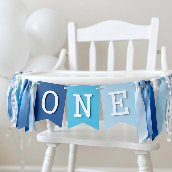 Blue ONE High Chair Banner - Boy 1st Birthday Cake Smash Photo