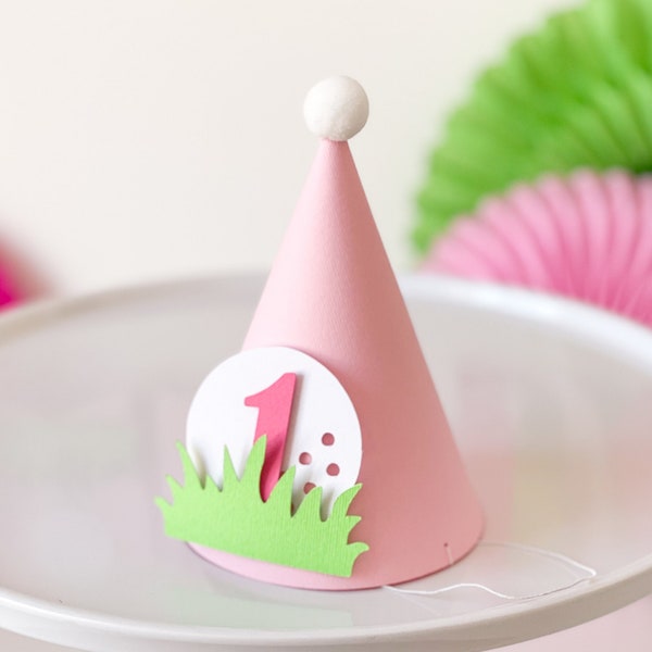 Girl Golf Party Hat, Hole in One First Birthday, First Par Tee, Pink Golf First Birthday Decorations, Pink Green Party Hats, Girl Golf Party