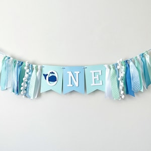 Striscione per seggiolone a forma di balena, primo compleanno a tema oceano, striscione sottomarino, primo compleanno a tema balena