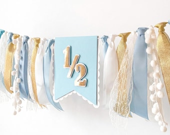 ハーフバースデー 男の子用バナー - 6ヶ月 ハイチェア用 ブルーデコレーション