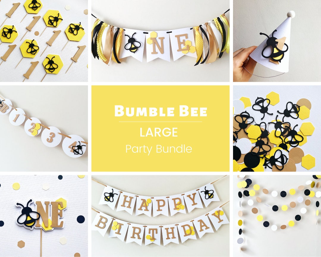 Set of 6 Yellow, Black and Fuchsia BUMBLE BEE Decorations On Wooden  Sticks-Birthday Party/Baby Shower-Table Decorations (4 Sizes) Girl Bee
