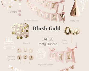 Paquete para el primer cumpleaños de niña - Decoraciones para fiesta en tonos rosa y dorado