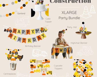Paquete de decoración para fiesta de cumpleaños con temática de construcción: excavadora y camión volquete.