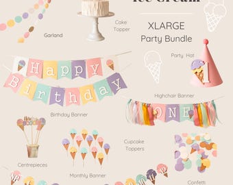Puede incluir: Decoraciones de fiesta con temática de helado en rosa, morado, amarillo y azul. El conjunto incluye un adorno para pastel, una guirnalda, una pancarta de cumpleaños, una pancarta para silla alta, una pancarta mensual, adornos para cupcakes, un gorro de fiesta y confeti.