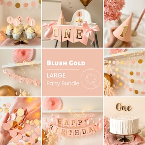 Girl 1st Birthday Decorations, One Year Old Birthday, 1st Birthday Bundle, Blush Gold Party Decor, Highchair Birthday Banner