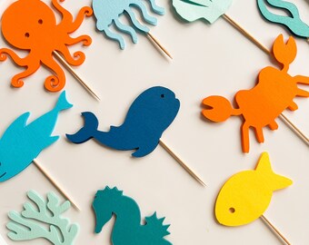 海底カップケーキトッパー、海の動物の誕生日デコレーション、海中ベビーシャワー