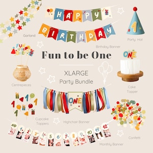 May include: An XLARGE party bundle featuring a Happy Birthday banner, a blue party hat with the number one, a cake topper, a highchair banner with ribbons, cupcake toppers, a monthly photo banner, star garland, and colorful confetti.