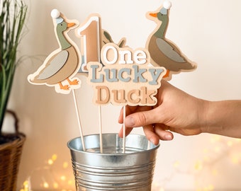 One Lucky Duck Centerpieces, Lucky Duck 1st Birthday Decorations, Mallard Duck One Year Old Boy Birthday, Duck Theme Party Cake Topper 4pcs