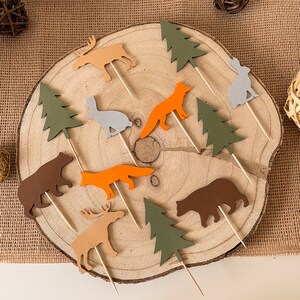 Decorazioni per cupcake a tema bosco, compleanno con animali della foresta, baby shower a tema bosco, decorazioni per feste con orsi bruni, albero di pino