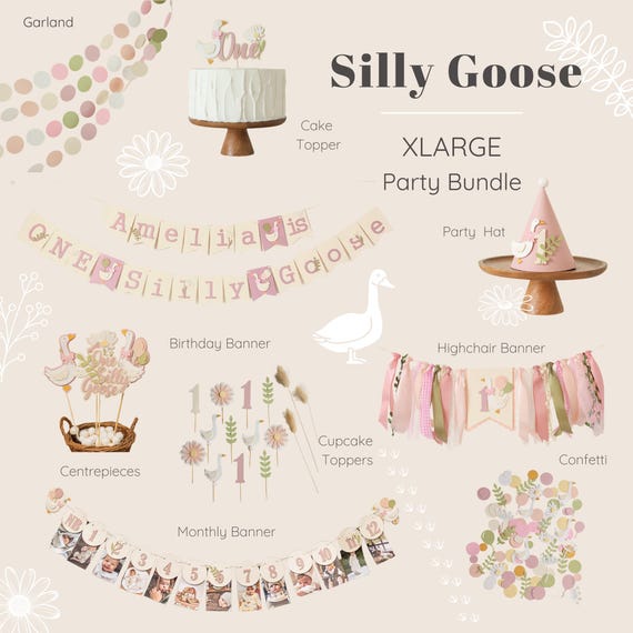 One Silly Goose 1st Birthday Bundle, Vintage Goose Party Decorations