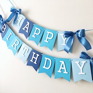 1歳の誕生日おめでとうバナー、青い男の子の1歳の誕生日の飾り、1歳の誕生日パーティーの背景、青いパーティーの色合い、パーソナライズされたバナー