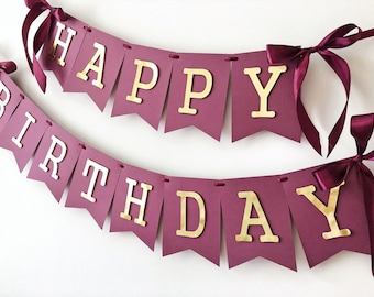 Banner de cumpleaños burdeos, decoraciones de cumpleaños para mujeres, feliz cumpleaños granate, 40, 50 y 60 cumpleaños